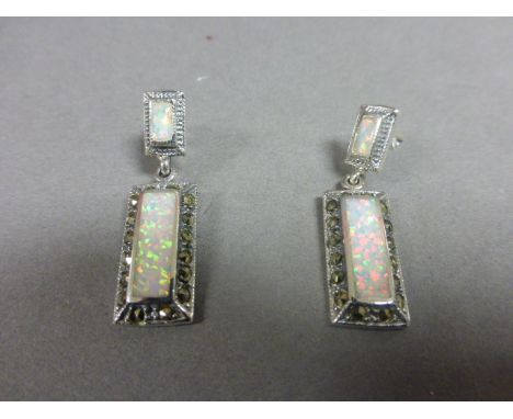 Pair of silver marcasite and opal drop earrings