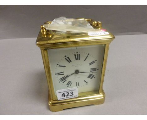 French Brass Carriage Clock and Key with English Retailer to Enamel Dial and Key
