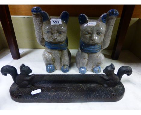 Cast Iron Squirrel Boot Scraper and Two Ceramic Waving Cats