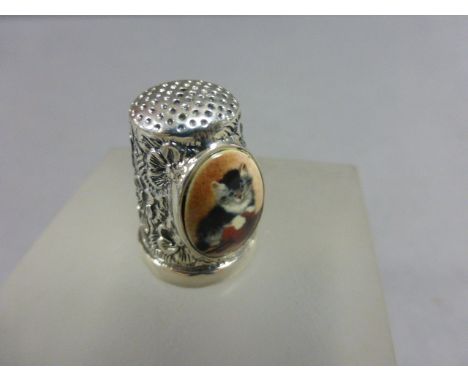 Silver thimble with enamel image of a cat