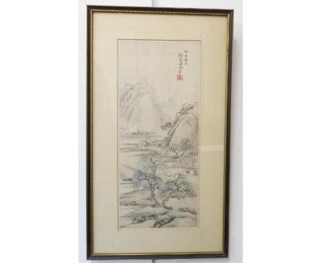 An early / mid 20th century Chinese watercolour on linen - buildings before mountainous terrain and with trees to the foregro