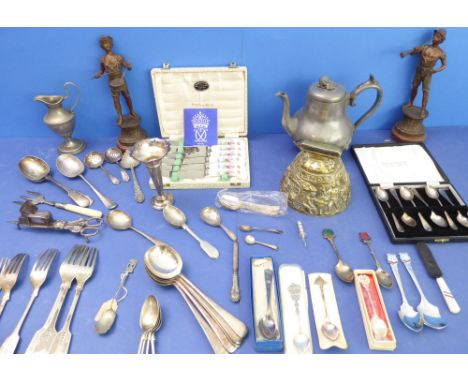 A cased set of six hallmarked silver teaspoons and a cased set of six Royal Crown Derby china handled knives, together with a