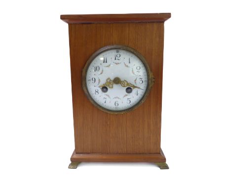 A wooden cased eight-day mantle clock; 19th century earlier movement striking on a bell, with key (16.5cm wide x 24cm high)