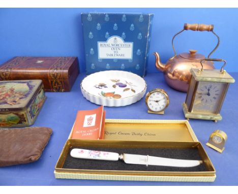 A selection to include a 19th century walnut and Tunbridgeware banded jewellery box, a copper kettle, an onyx and brass-mount