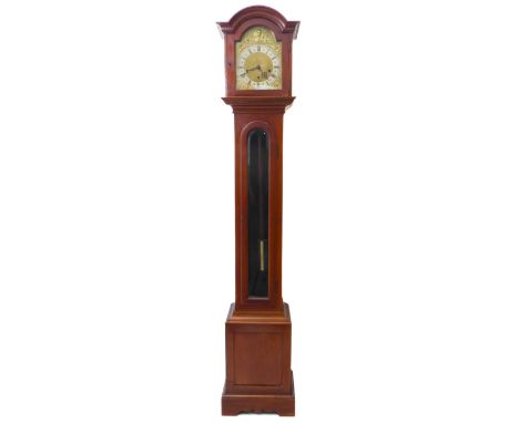 An early 20th century reproduction grandmother long-cased clock; mahogany case, 7.5 inch brass dial with silvered chapter rin