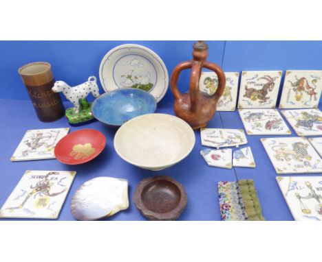 Various ceramics to include twelve pottery tiles, each individually decorated with a various star sign (some damage); a Staff