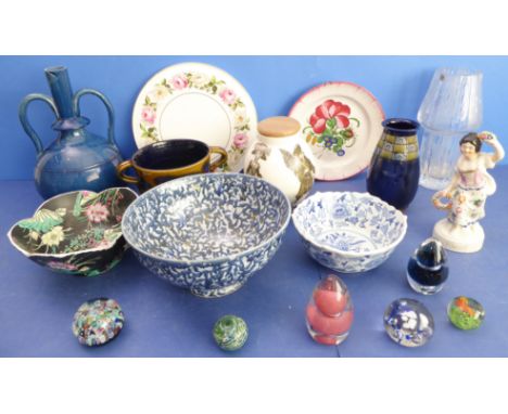 An interesting selection of mostly late 19th and early 20th century ceramics and glassware to include a Dunmore two-handled a