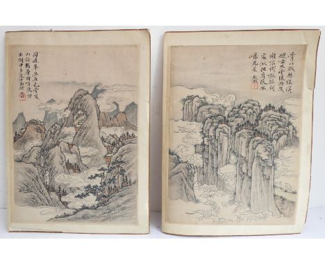 A pair of Chinese watercolours on paper - a mountain and a waterfall scene with stylised clouds, each with annotation and red