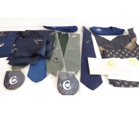 1970s Concorde memorabilia: a Cornelia James Concorde silk scarf, two white cotton headrest covers; two pairs of inflight sli