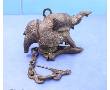 A hanging cast oil lamp/incense burner modelled as an elephant, together with a hanging chain modelled as mythical beasts (10