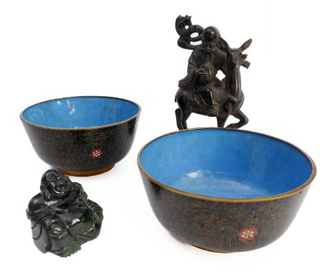 Two cloisonné rice bowls, a small carved jade Buddha and a carving of an immortal astride a deer (4)