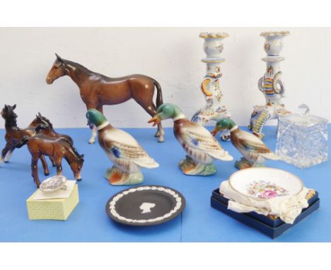 A pair of French faience candlesticks in Quimper style (24cm high), a large Beswick mare (20.5cm high) and three Beswick foal