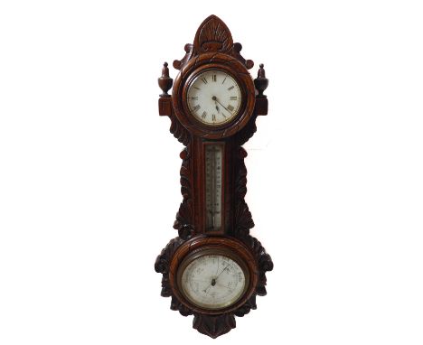 A late 19th century combined clock thermometer and barometer; nautical themed carved oak case with 8.5cm diameter clock with 