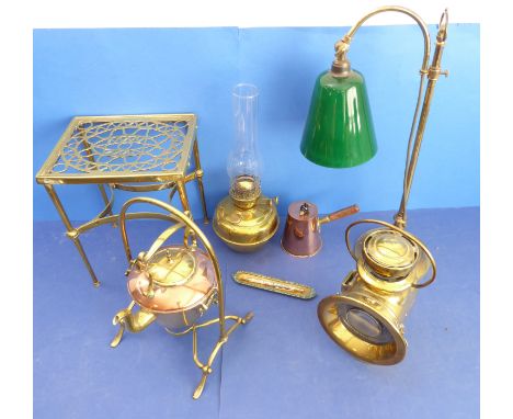 A very good selection of mostly 19th century brass / copperware to include a kettle, a lamp, a tall trivet, one further lamp 