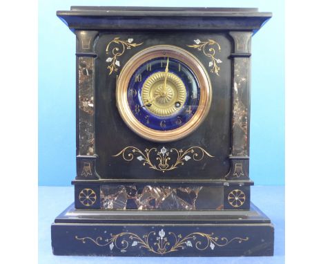 A heavy 19th century black slate, gilt-highlighted and marbleate eight-day mantle clock; 4in blue-enamel chapter ring with Ar