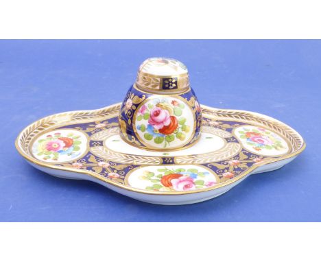 A Crown Staffordshire porcelain inkstand; hand-gilded and decorated in enamel with three floral cartouches (20cm in length)