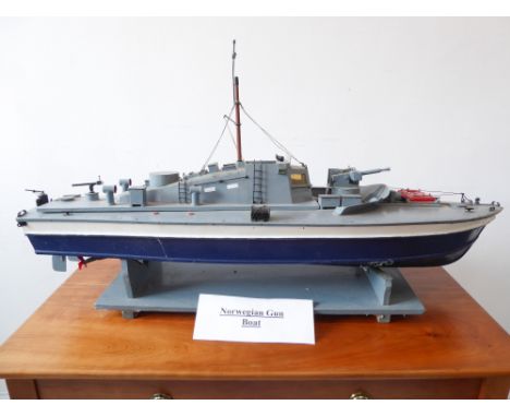 A hand-built bespoke model of a Norwegian gunboat on stand (92cm long x 26cm widest)&nbsp;