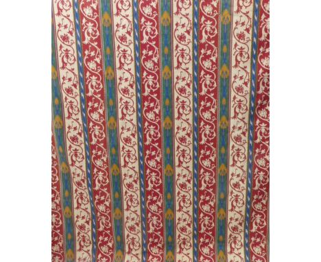 A very large pair of tapestry weave effect curtains in a red and green medieval style pattern, goblet headings, waterproofed 