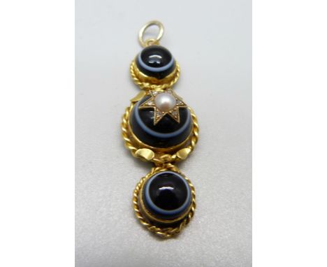 A yellow metal, bulls eye agate, diamond and pearl pendant, 7.3g, 42mm, (made from a brooch or pendant, scratched on the back