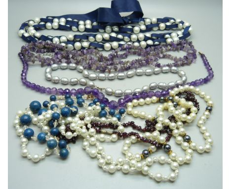 A collection of gemstone and faux pearl jewellery 