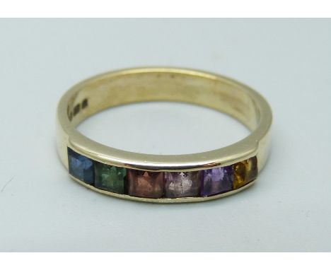 A 9ct gold, multi gem set ring, 2.5g, M 