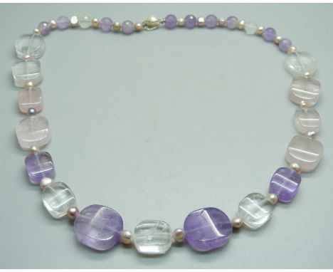 A rock crystal, amethyst and pearl necklace 