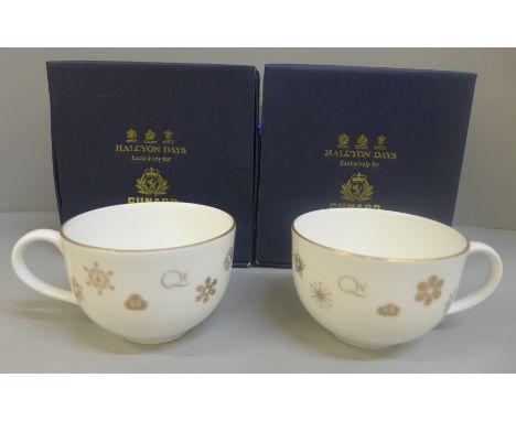 Two Halcyon Days Exclusively for Cunard cups and saucers, boxed 