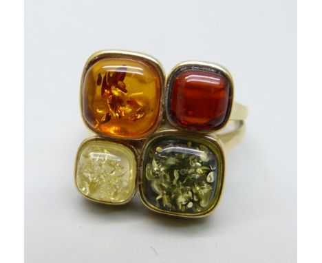 A silver gilt, multi colour Baltic amber, cushion cut ring, with certificate, M 