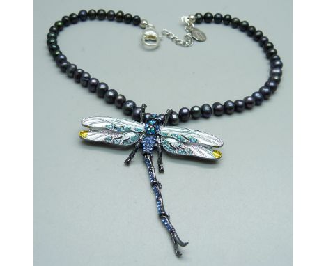 A freshwater pearl and dragonfly necklace 