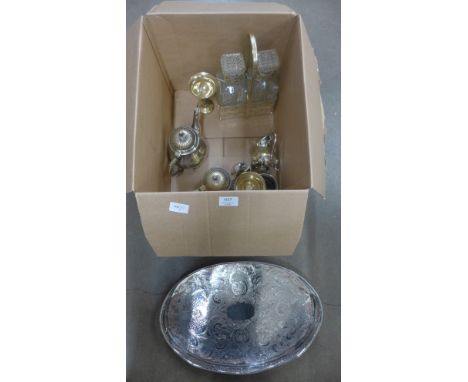 A box of silver plate, gallery tray, tea service, twin decanter set, etc. **PLEASE NOTE THIS LOT IS NOT ELIGIBLE FOR POSTING 