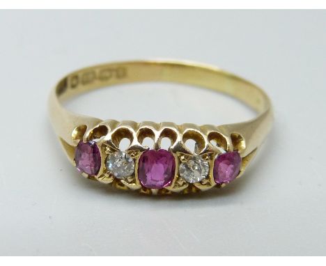 An 18ct gold, ruby and diamond ring, Birmingham 1908, 2.7g, S 