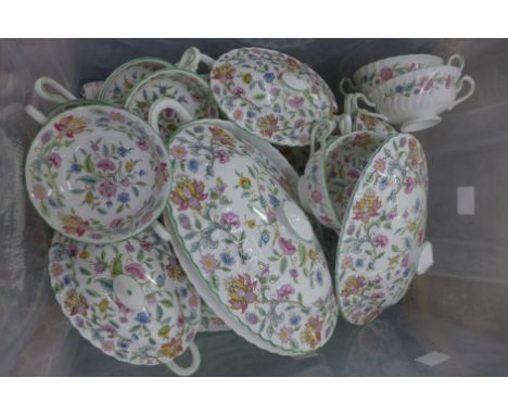 Four Minton Haddon Hall graduated plates, a pair of vegetable serving lidded dishes with stands, eight soup bowls and seven s