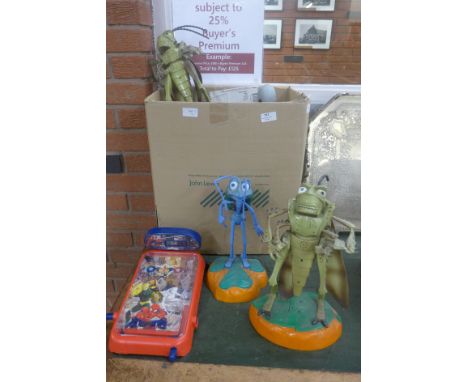 Three large A Bug's Life figures, a Dalek, an Alien figure and a Spiderman pin ball machine, machine a/f 