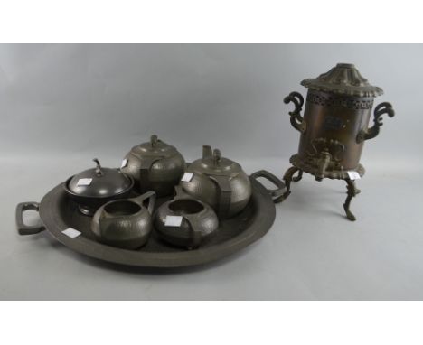 Pewter tea service, copper tea urn, brass warming pan