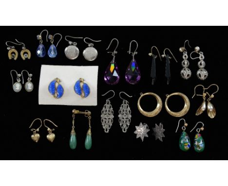Collection of vintage earrings, including David Andersen enamel clips, Venetian glass, Victorian 9 ct hoops, heart drops and 