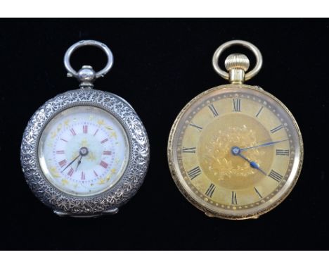 Two lady's  pocket watches, one 18 ct gold with engraved  back and floral engraving to face and similar in silver with enamel