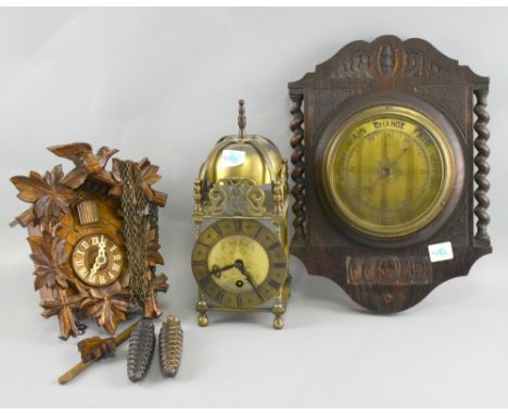 Cuckoo clock, Lantern style clock, aneroid barometer.