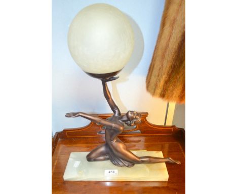 Art Deco style table lamp in form of a kneeling woman with a globe, and an Art Deco cloud shaped three train mantle clock