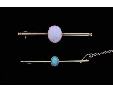 Two Edwardian opal bar brooches , larger opal estimated at 1.75 carats, one 9 ct one 15 ct 