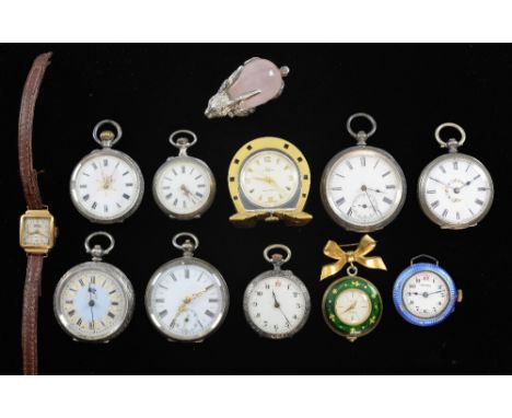 Ladies 18ct Gold cases Fischer wrist watch, 9 silver, white metal and enamelled fob watches, a white metal salt, ornamental r