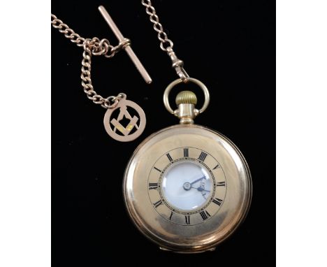 9ct Gold half hunter pocket watch the white enamel dial with subsidiary seconds dial and a 9ct rose gold watch chain with Mas