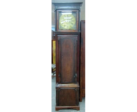 18th century eight day oak longcase clock by J.Minshul of Denbigh, brass dial with roman and arabic numerals, subsidiary seco