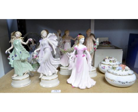 Selection of Royal Worcester, Wedgwood and Coalport figurines together with three Crown Derby floral lidded dishes.