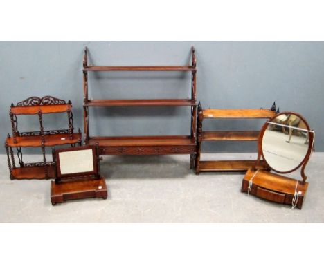 Mahogany wall hanging Chippendale style shelf, two others and two bedroom mirrors