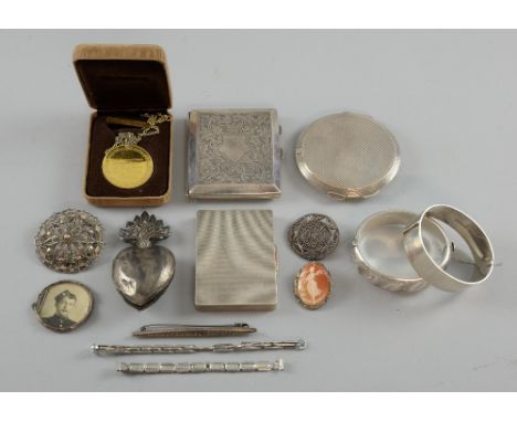 Collection of  silver, jewellery including a silver gilt medallion, cameo brooch, two bangles,  two cigarette cases and a com