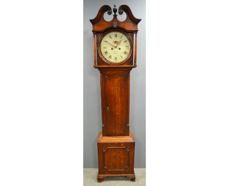 18th century oak eight day long case clock by T Mawkes of Derby enamelled dial, to twin train movement striking on a bell 210