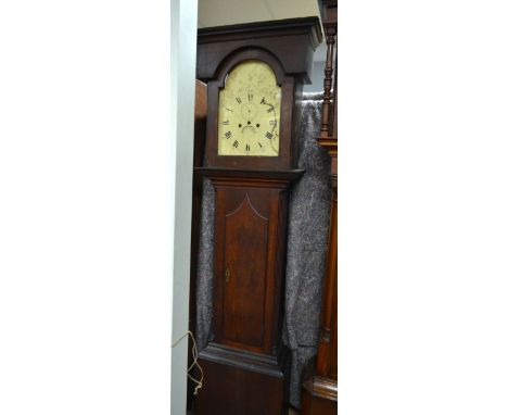 18th century mahogany cased long case clock with enamel dials, subsidiary dial and date aperture, twin train movements striki