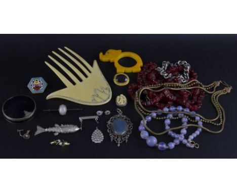 Costume jewellery   two pairs of gold earrings, silver compact, paste set hair comb, 1920's glass cube necklace and other ite