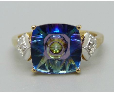 A 9ct gold quasar cut topaz and diamond ring, signed Lehrer, with certificate, 2.9g, N 