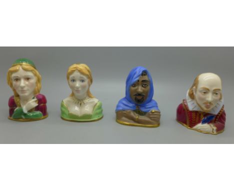 Four Royal Worcester candle snuffs, Shakespeare, Othello, Romeo and Desdemona, boxed 